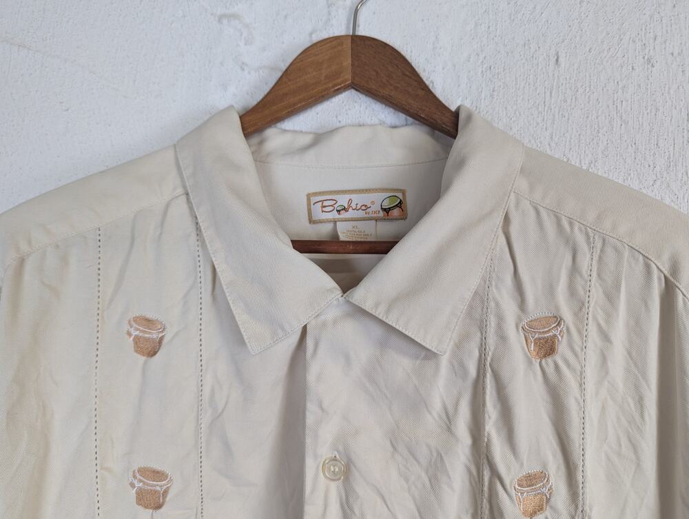 Vtg Silk Button Up Shirt Beige Embroidered Drums Novelty Lightweight Vacation XL